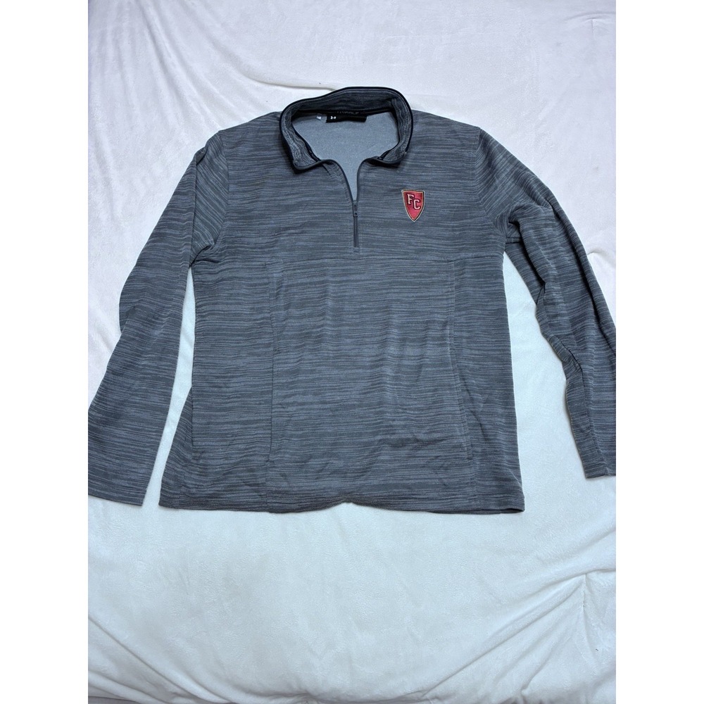 Under Armour Golf Pullover 1/4 Zip Pocket Mens M Grey Loose Fit Flagler FC Logo - Picture 2 of 9